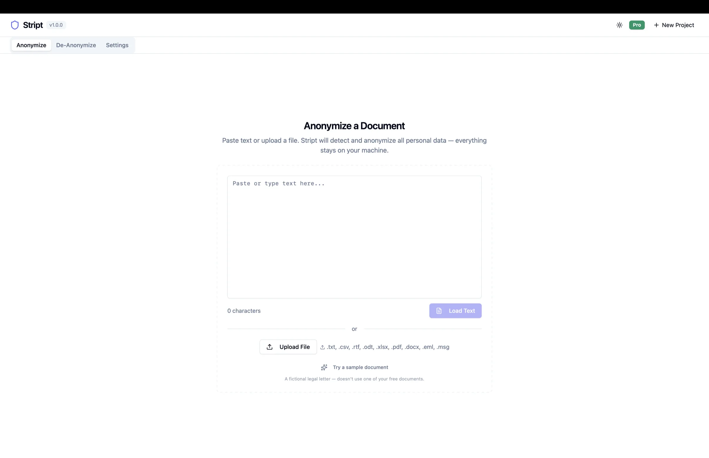 Stript start screen: paste text or open a document, processed locally.